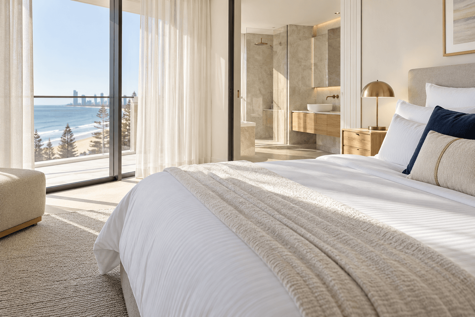 Carefully prepared bedroom with fresh white linen and a coastal view